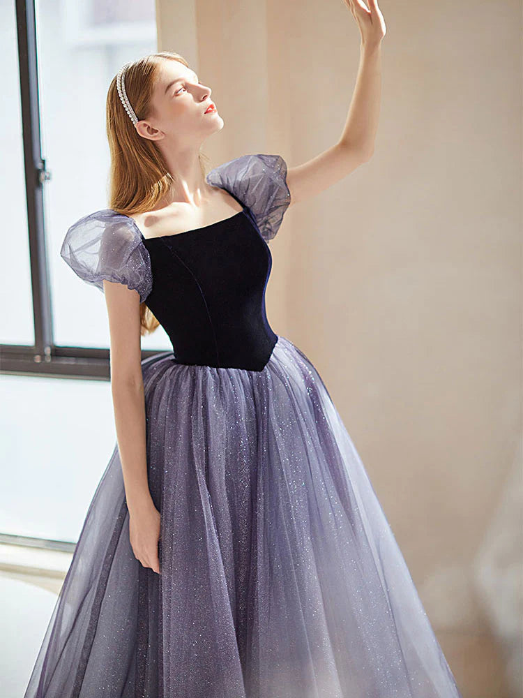 Enchanting A-Line Square Neck Puff Sleeve Bow Back Floor Length Tulle Prom Dress