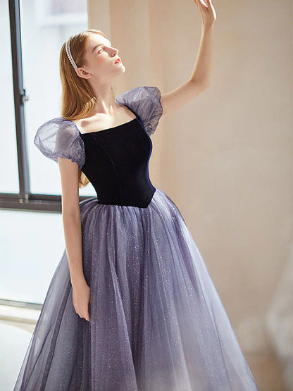 Enchanting A-Line Square Neck Puff Sleeve Bow Back Floor Length Tulle Prom Dress