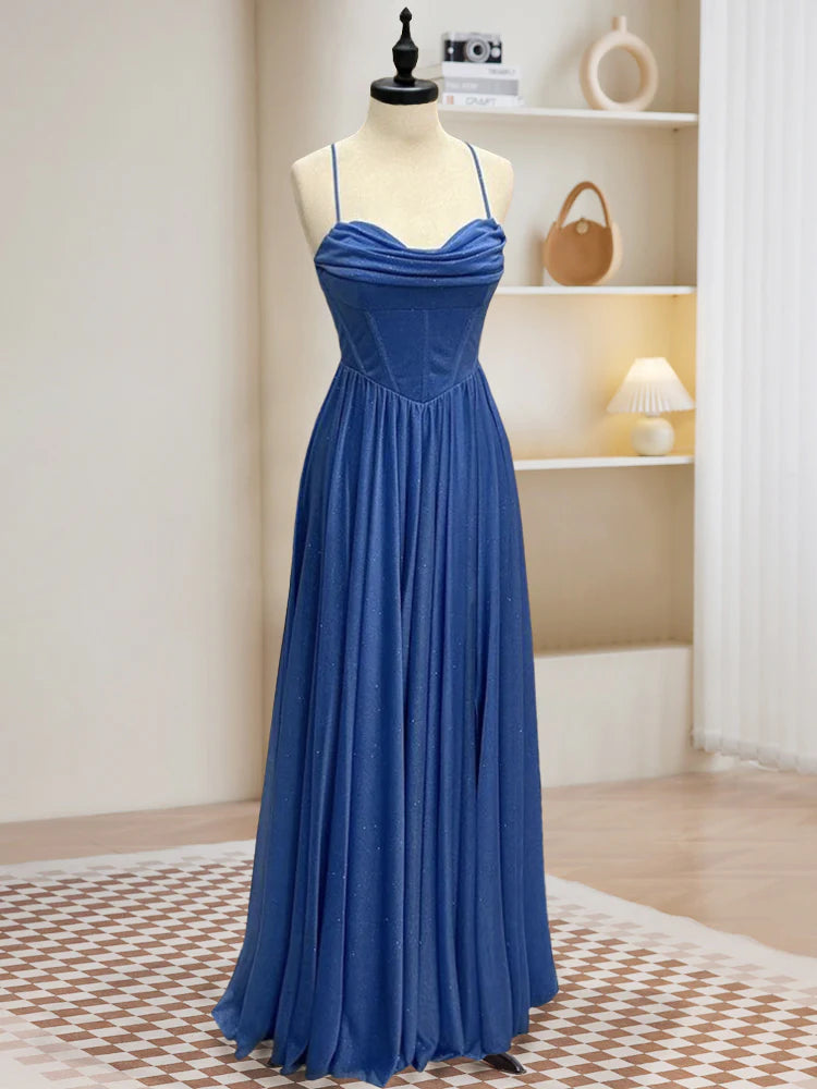 Enchanting Cowl-Neck Corset-Back Spaghetti-Strap Floor-Length Glitter Prom Dress