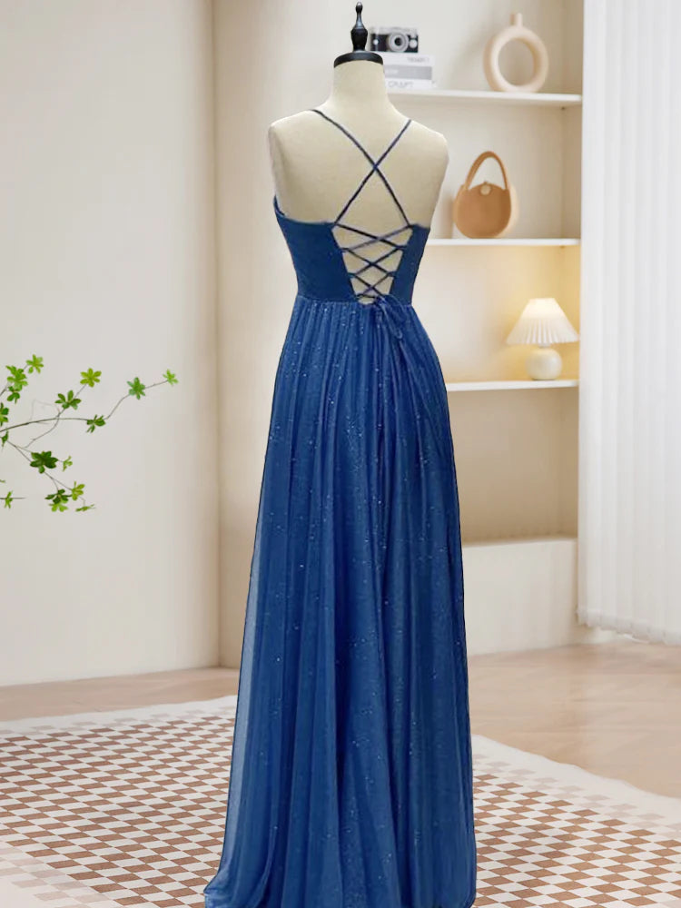Enchanting Cowl-Neck Corset-Back Spaghetti-Strap Floor-Length Glitter Prom Dress