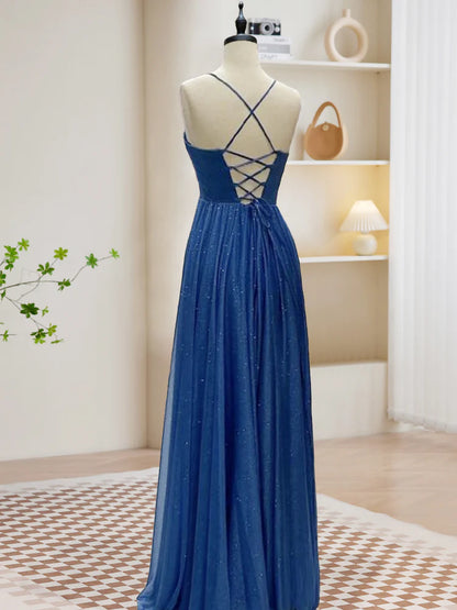 Enchanting Cowl-Neck Corset-Back Spaghetti-Strap Floor-Length Glitter Prom Dress