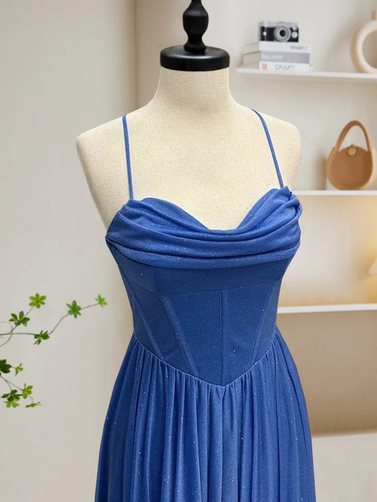 Enchanting Cowl-Neck Corset-Back Spaghetti-Strap Floor-Length Glitter Prom Dress