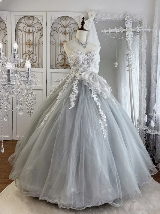 Enchanting Dusty Blue Tulle Ball Gown Sweetheart Neck Strapless Lace-Up Back Prom Dresses