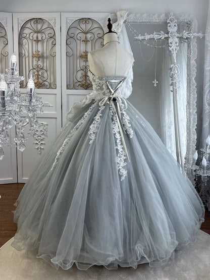Enchanting Dusty Blue Tulle Ball Gown Sweetheart Neck Strapless Lace-Up Back Prom Dresses