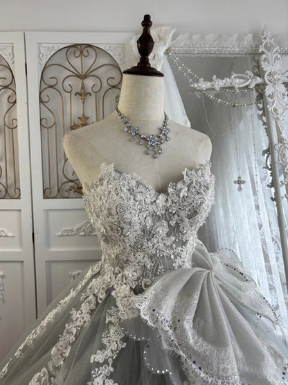 Enchanting Dusty Blue Tulle Ball Gown Sweetheart Neck Strapless Lace-Up Back Prom Dresses