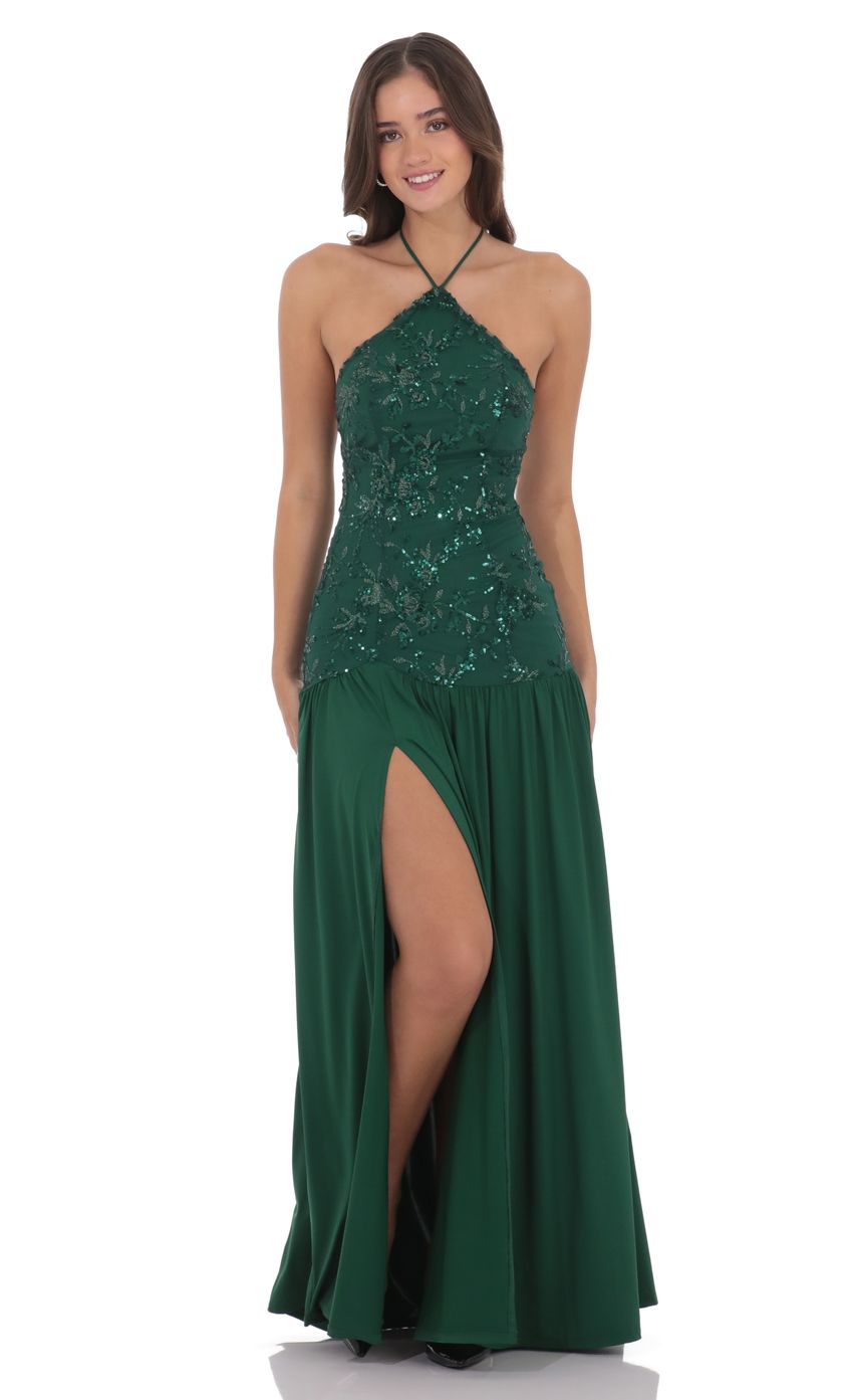 Enchanting Emerald Green Halter Neck Sequin Lace Appliqué High Slit Chiffon Floor-length Evening Dresses