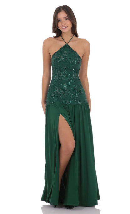 Enchanting Emerald Green Halter Neck Sequin Lace Appliqué High Slit Chiffon Floor-length Evening Dresses