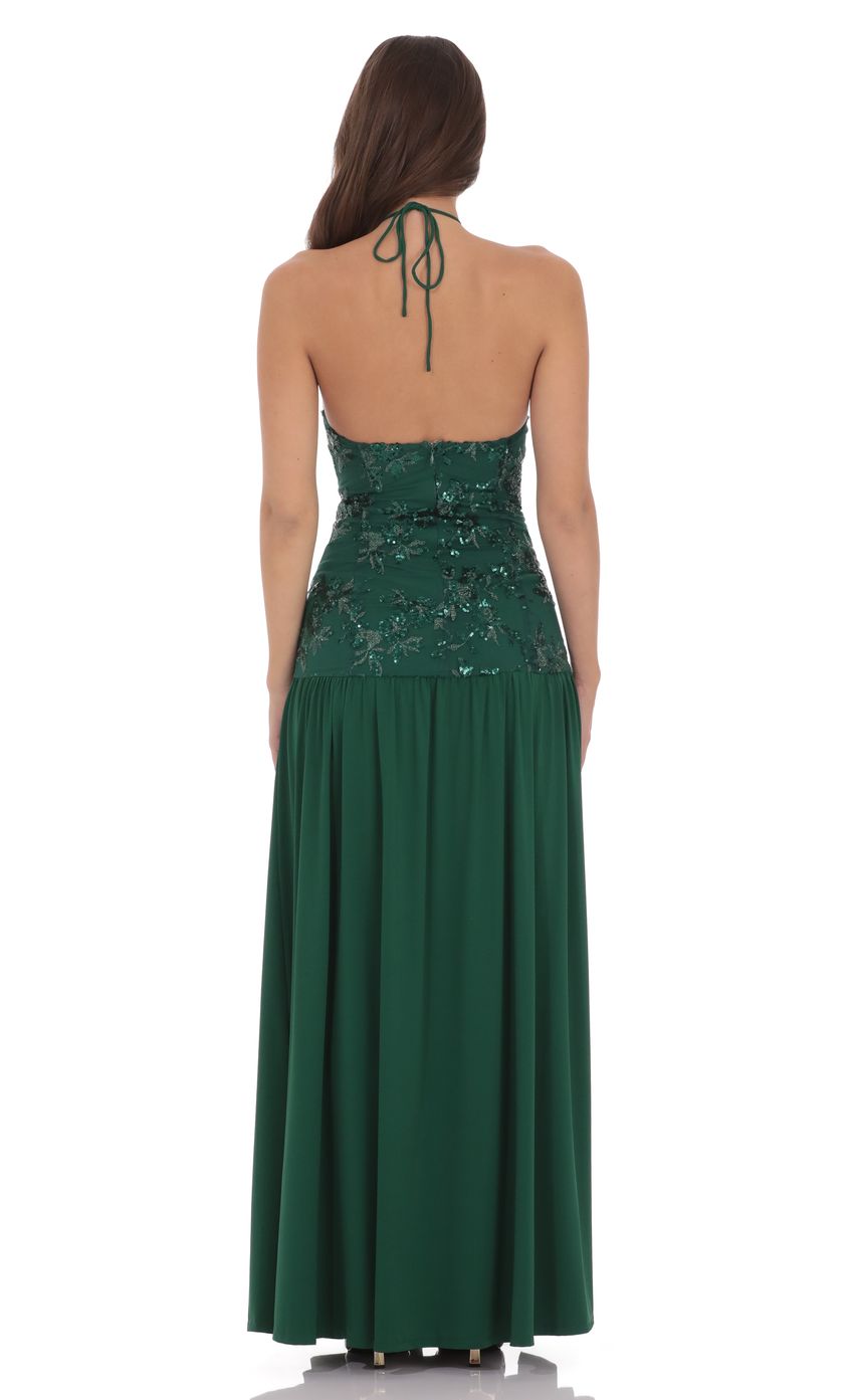Enchanting Emerald Green Halter Neck Sequin Lace Appliqué High Slit Chiffon Floor-length Evening Dresses