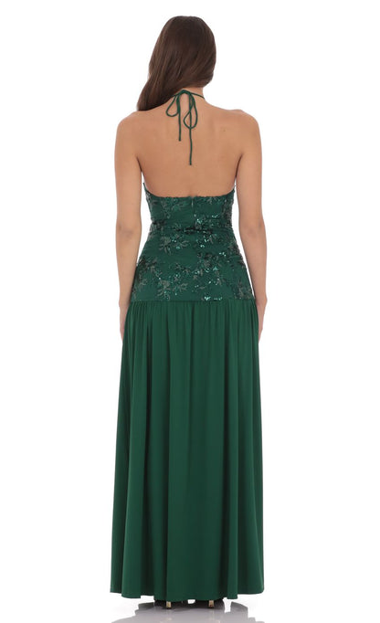 Enchanting Emerald Green Halter Neck Sequin Lace Appliqué High Slit Chiffon Floor-length Evening Dresses