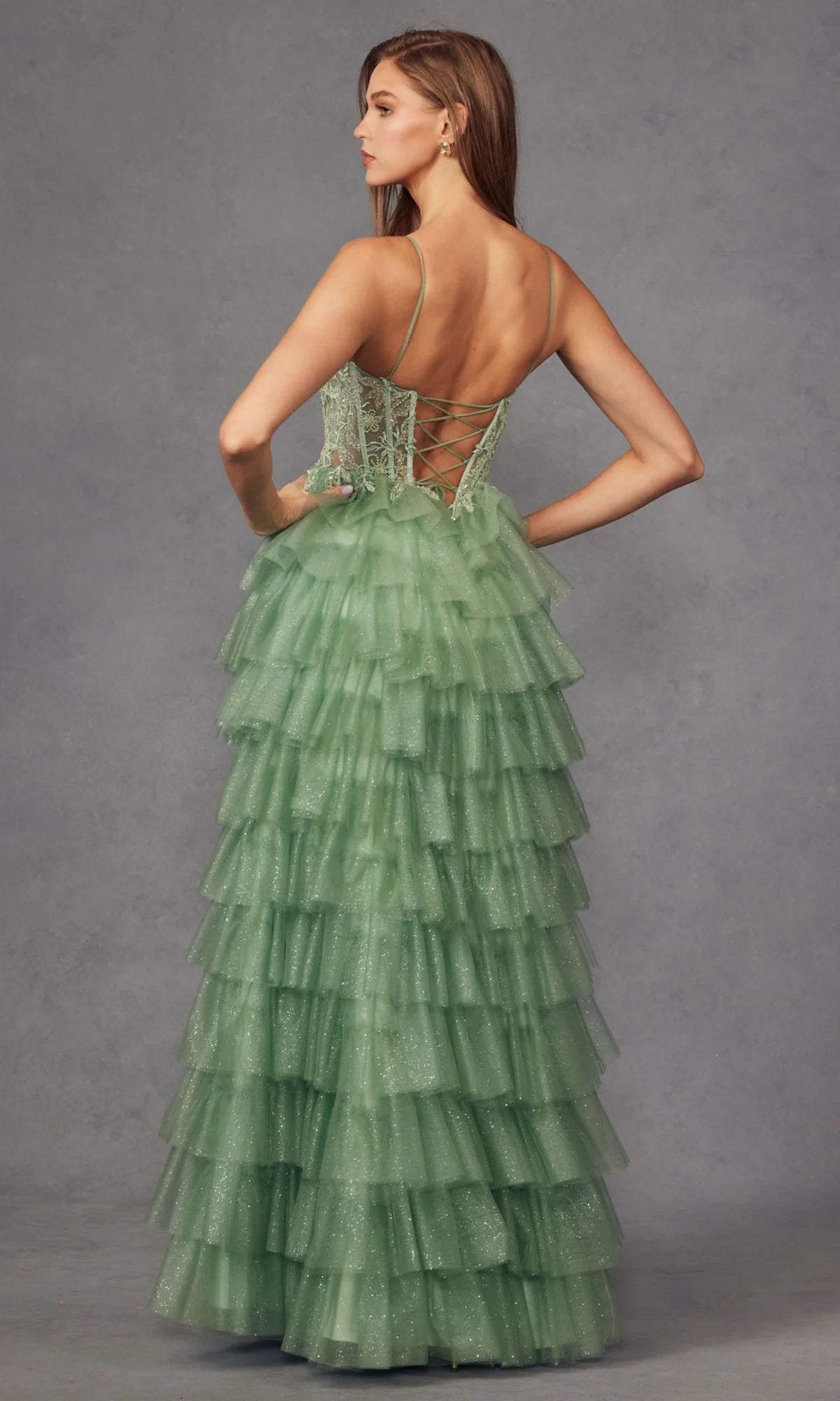 Enchanting Fitted Glamorous Ball Gown Spaghetti Strap Sleeveless Deep V Neck Back Lace-Up Floor-Length Tiered Ruffled Tulle Prom Dresses