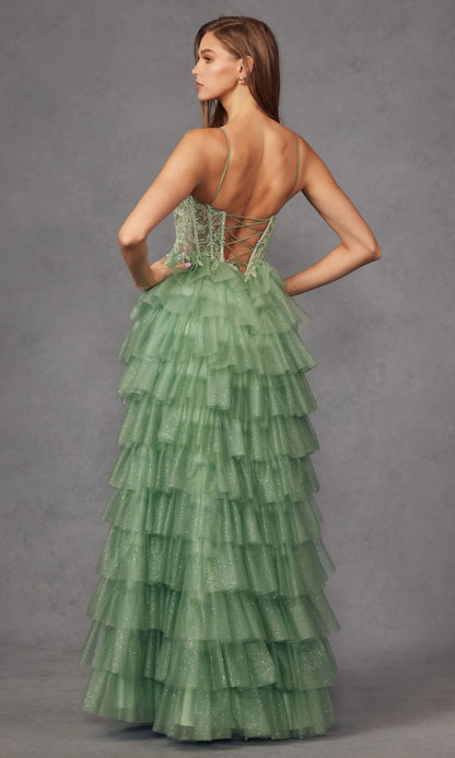 Enchanting Fitted Glamorous Ball Gown Spaghetti Strap Sleeveless Deep V Neck Back Lace-Up Floor-Length Tiered Ruffled Tulle Prom Dresses