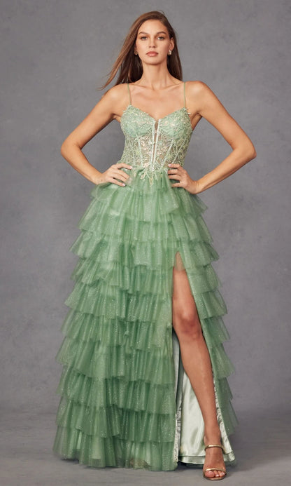 Enchanting Fitted Glamorous Ball Gown Spaghetti Strap Sleeveless Deep V Neck Back Lace-Up Floor-Length Tiered Ruffled Tulle Prom Dresses