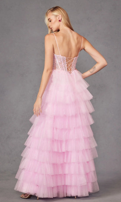 Enchanting Fitted Glamorous Ball Gown Spaghetti Strap Sleeveless Deep V Neck Back Lace-Up Floor-Length Tiered Ruffled Tulle Prom Dresses