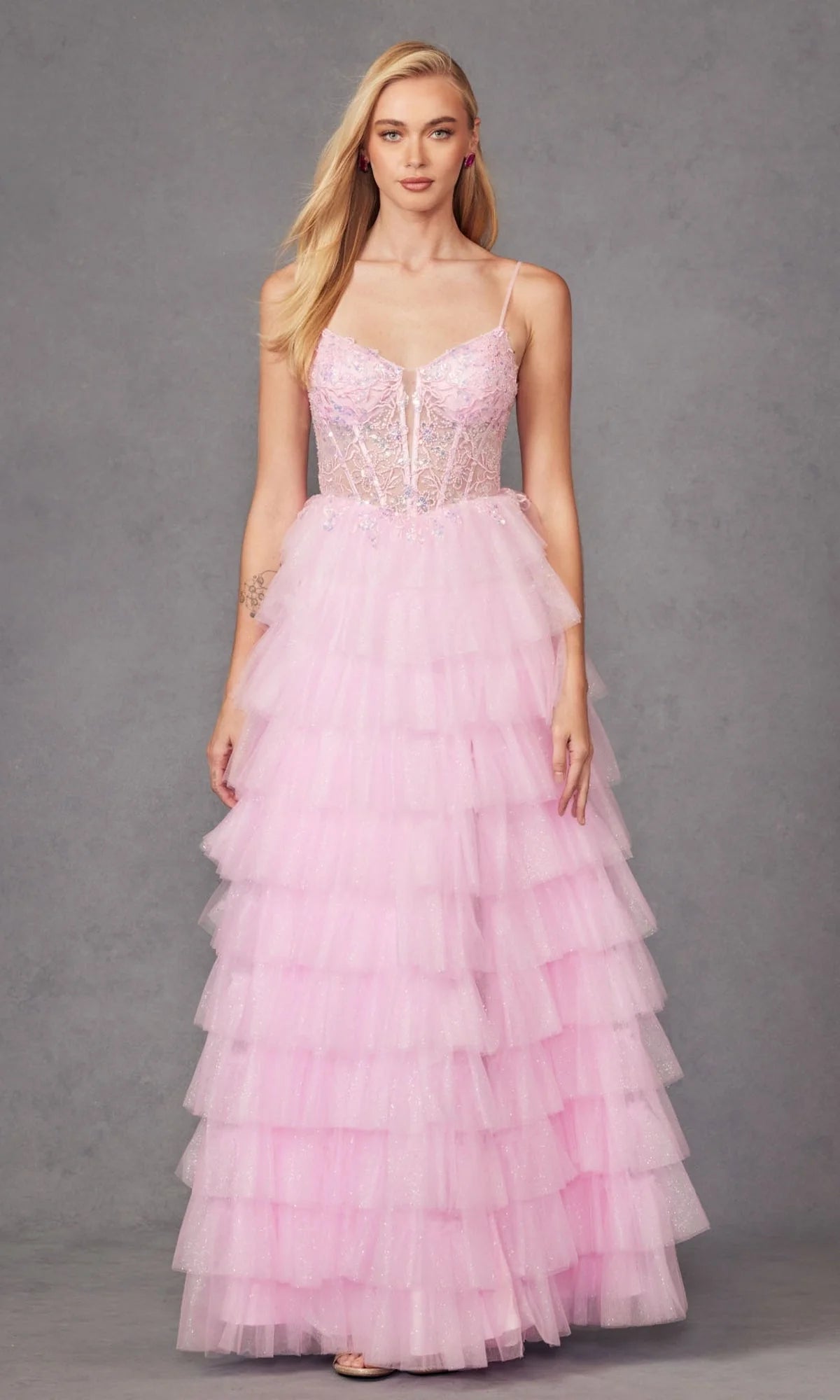 Enchanting Fitted Glamorous Ball Gown Spaghetti Strap Sleeveless Deep V Neck Back Lace-Up Floor-Length Tiered Ruffled Tulle Prom Dresses