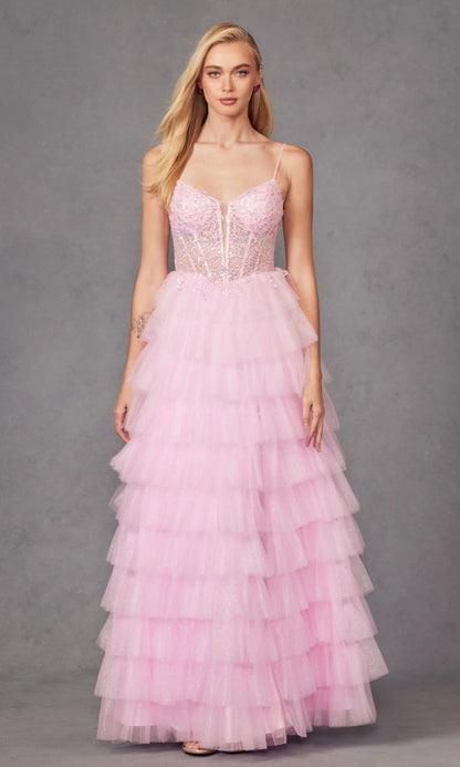 Enchanting Fitted Glamorous Ball Gown Spaghetti Strap Sleeveless Deep V Neck Back Lace-Up Floor-Length Tiered Ruffled Tulle Prom Dresses