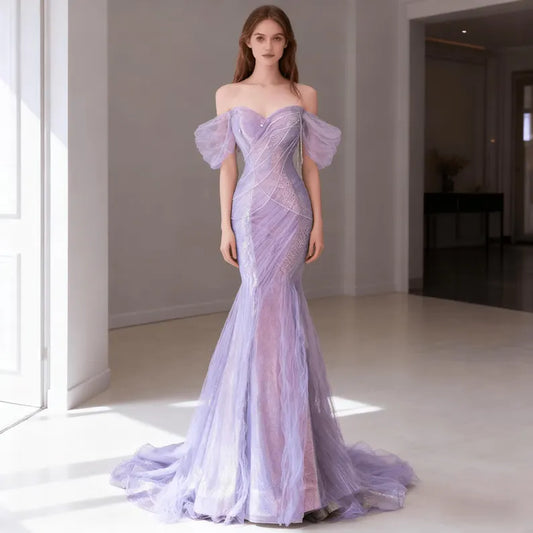 Enchanting Iridescent Evening Dress with Off-the-Shoulder Puff Sleeves and Mermaid Train