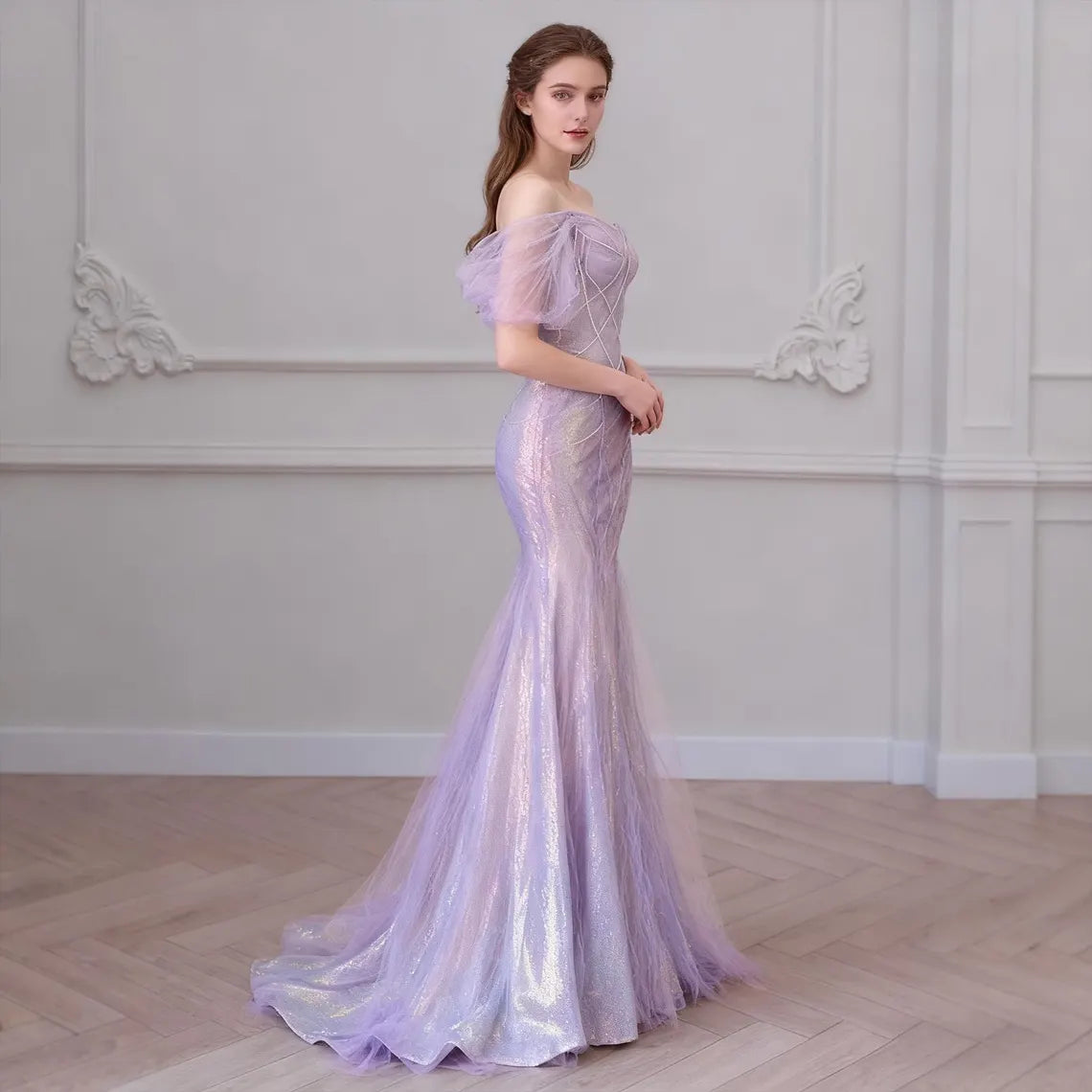 Enchanting Iridescent Evening Dress with Off-the-Shoulder Puff Sleeves and Mermaid Train
