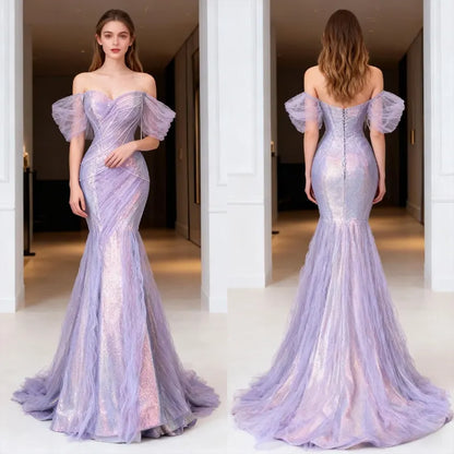 Enchanting Iridescent Evening Dress with Off-the-Shoulder Puff Sleeves and Mermaid Train