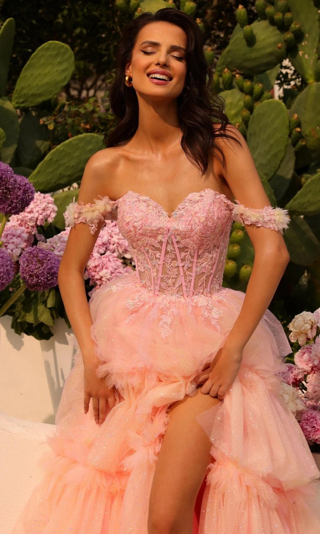 Enchanting Lace Tulle A-Line Off-the-Shoulder Sweetheart Neck High Slit Evening Dresses