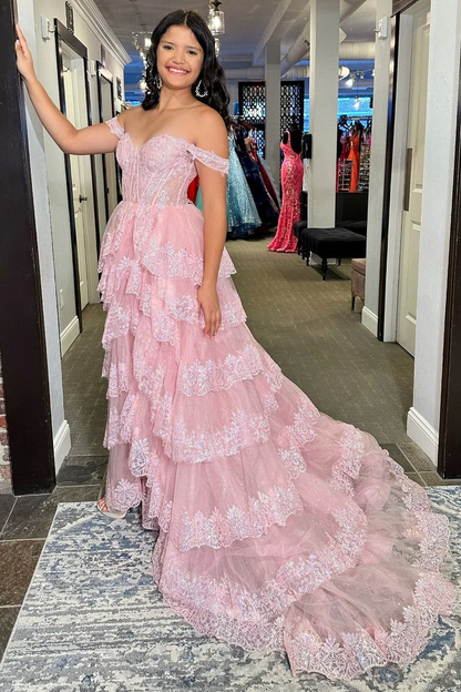 Enchanting Off-the-Shoulder Tiered Tulle Prom Dress with 3D Floral Appliqué