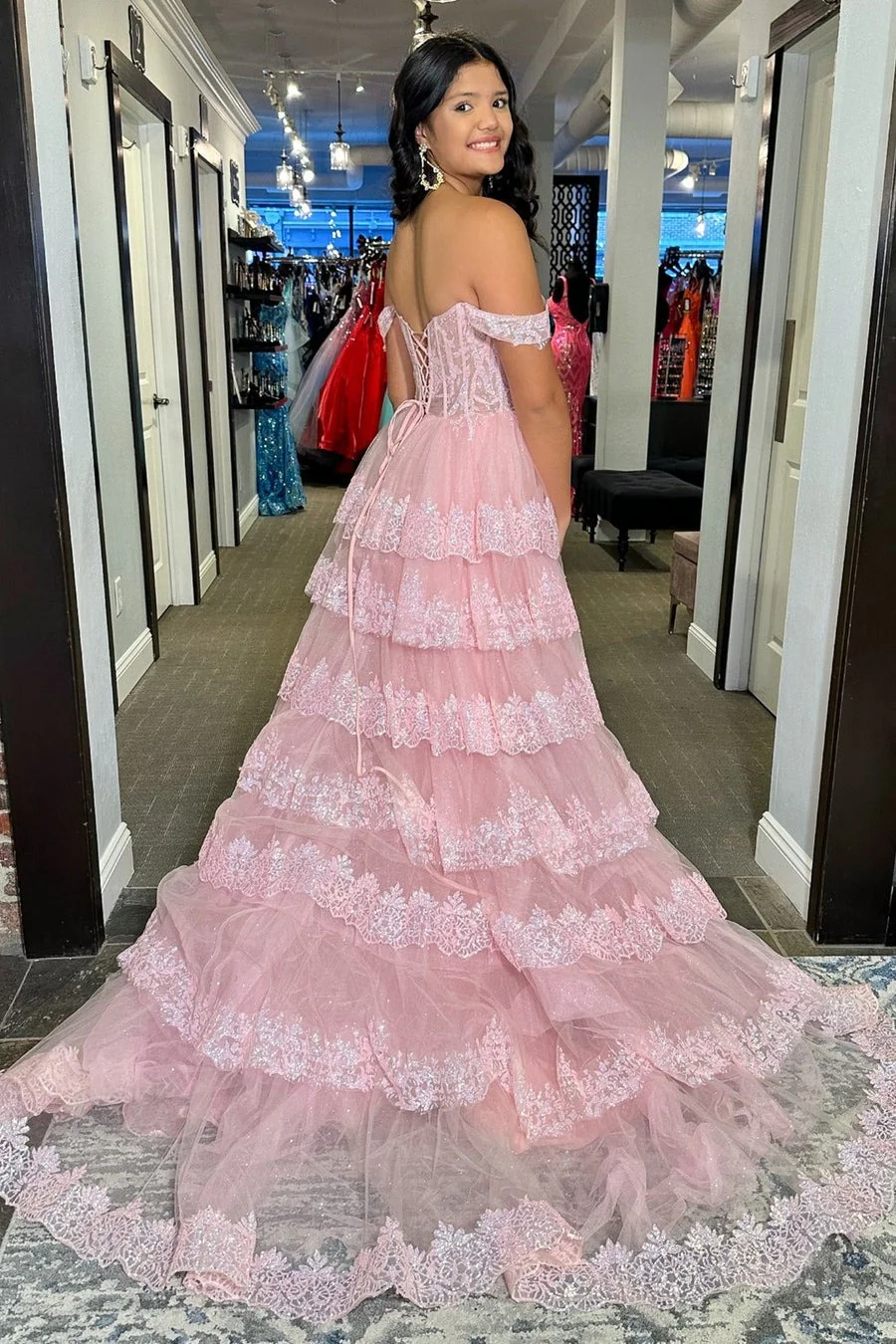 Enchanting Off-the-Shoulder Tiered Tulle Prom Dress with 3D Floral Appliqué