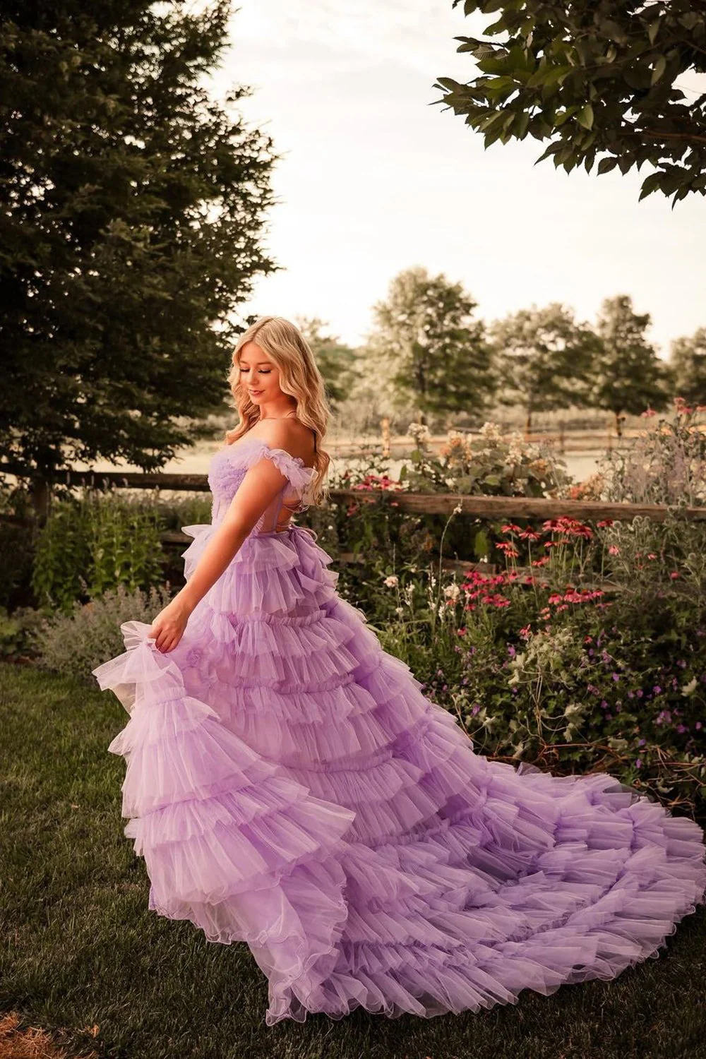 Enchanting Off-the-Shoulder Tiered Tulle Prom Dress with Ruffled Sleeves and High Slit