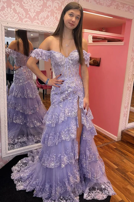 Enchanting Off-the-Shoulder Tiered Tulle Prom Dress with Sequin Lace and High Slit
