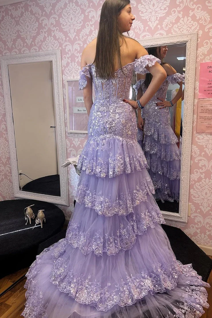 Enchanting Off-the-Shoulder Tiered Tulle Prom Dress with Sequin Lace and High Slit