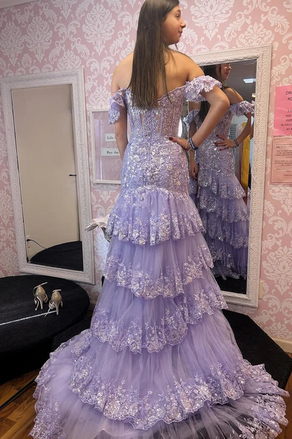 Enchanting Off-the-Shoulder Tiered Tulle Prom Dress with Sequin Lace and High Slit