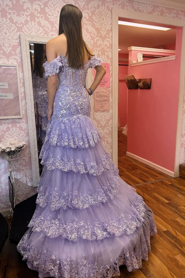 Enchanting Off-the-Shoulder Tiered Tulle Prom Dress with Sequin Lace and High Slit