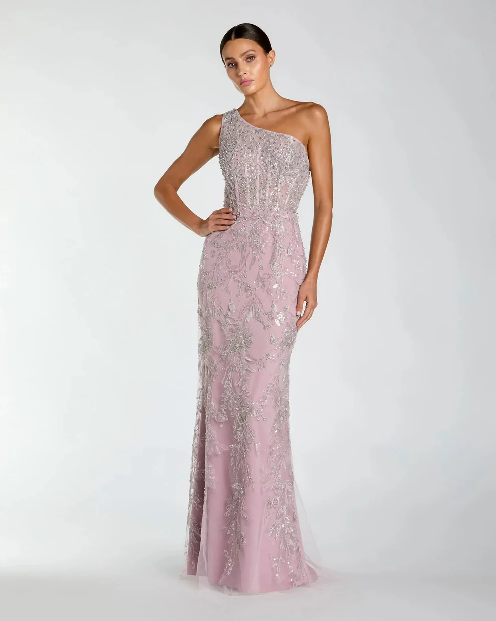 Enchanting One-Shoulder Beaded Floral Embroidered Sheer Bodice Mermaid Evening Gown