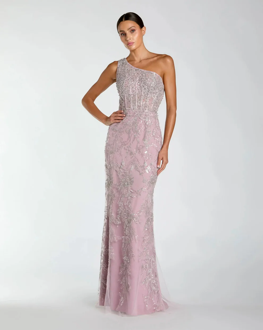 Enchanting One-Shoulder Beaded Floral Embroidered Sheer Bodice Mermaid Evening Gown