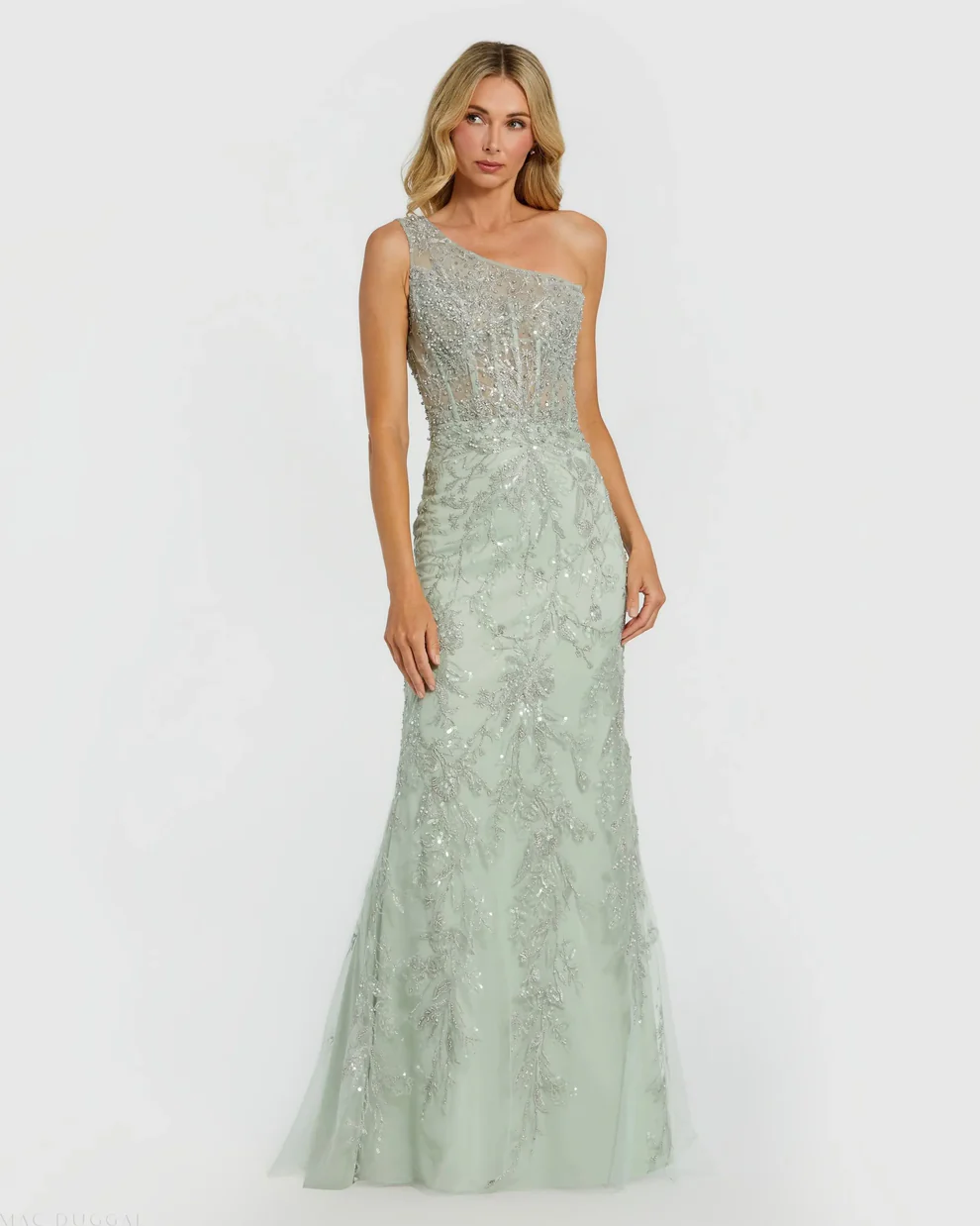 Enchanting One-Shoulder Beaded Floral Embroidered Sheer Bodice Mermaid Evening Gown