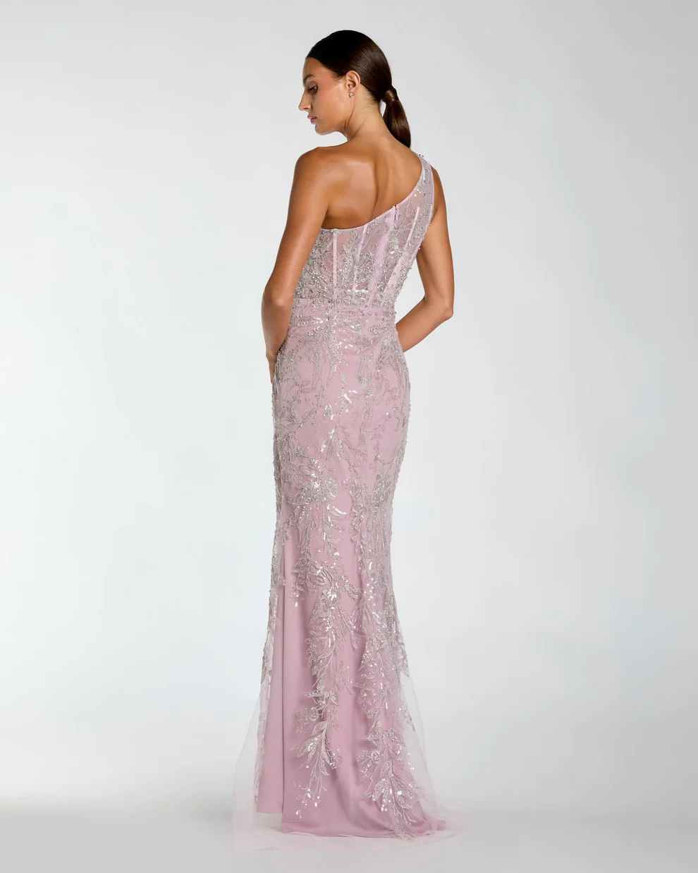 Enchanting One-Shoulder Beaded Floral Embroidered Sheer Bodice Mermaid Evening Gown