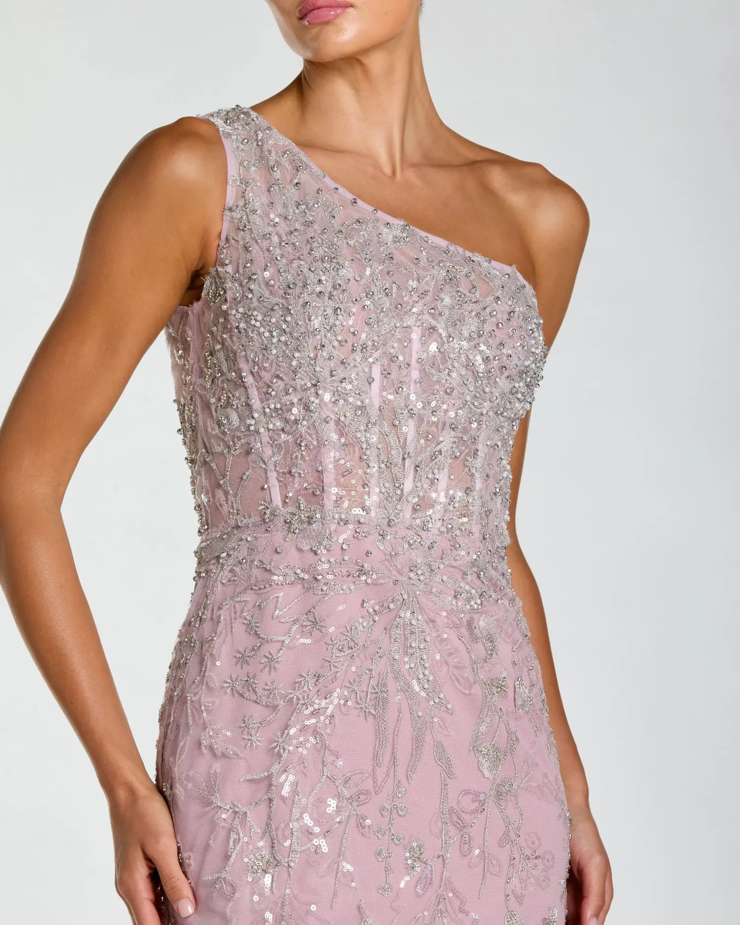 Enchanting One-Shoulder Beaded Floral Embroidered Sheer Bodice Mermaid Evening Gown