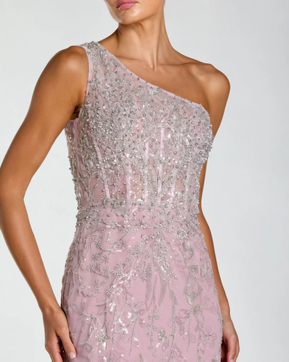 Enchanting One-Shoulder Beaded Floral Embroidered Sheer Bodice Mermaid Evening Gown