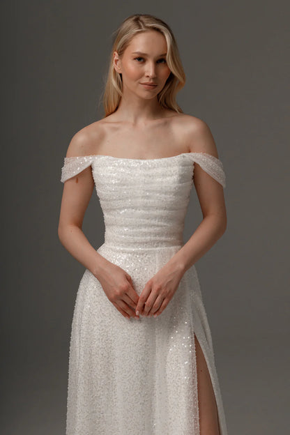 Enchanting Sequin Tulle A-Line Off-the-Shoulder Sleeveless Zipper Back Floor-Length Formal Evening Dresses
