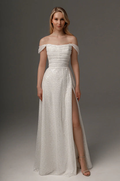 Enchanting Sequin Tulle A-Line Off-the-Shoulder Sleeveless Zipper Back Floor-Length Formal Evening Dresses
