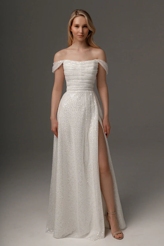 Enchanting Sequin Tulle A-Line Off-the-Shoulder Sleeveless Zipper Back Floor-Length Formal Evening Dresses