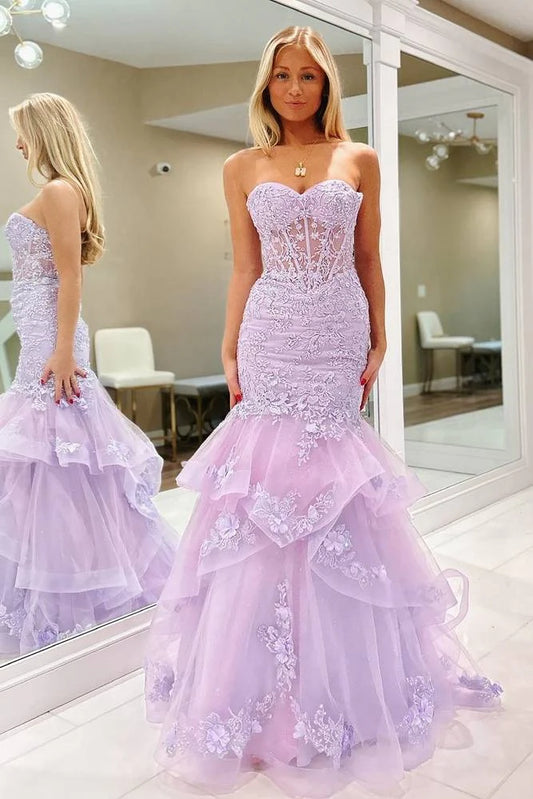 Enchanting Strapless Mermaid Prom Dress with 3D Floral Lace and Tiered Tulle