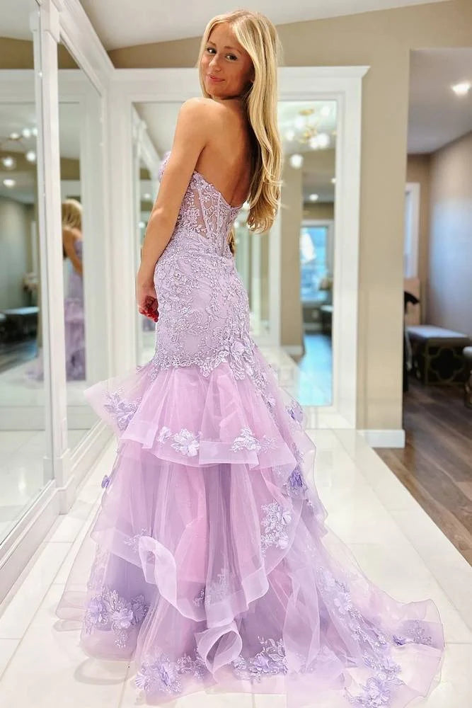 Enchanting Strapless Mermaid Prom Dress with 3D Floral Lace and Tiered Tulle