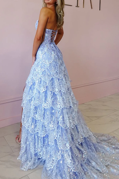 Enchanting Strapless Tiered Tulle Prom Dress with Sequin Lace and Cutout Details