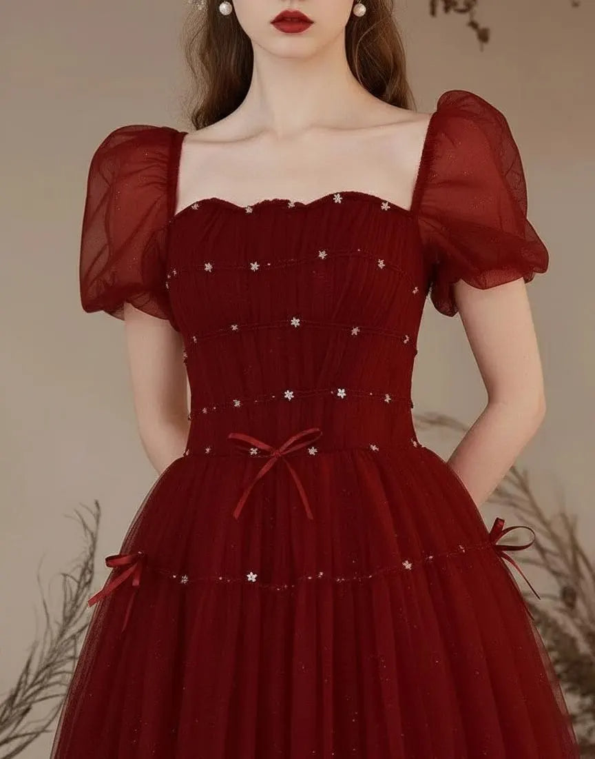 Enchanting Tulle Puff Sleeve Star Beaded Tiered Floor-Length Evening Dress