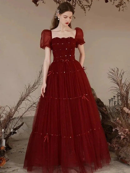 Enchanting Tulle Puff Sleeve Star Beaded Tiered Floor-Length Evening Dress