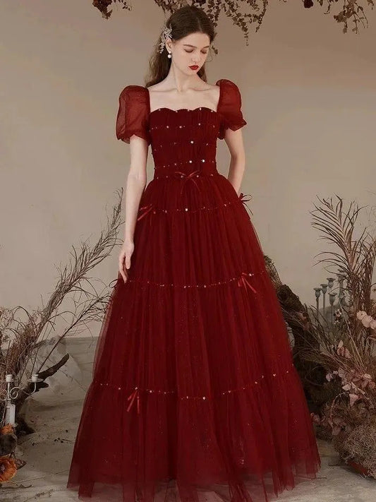 Enchanting Tulle Puff Sleeve Star Beaded Tiered Floor-Length Evening Dress