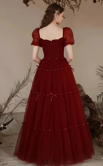 Enchanting Tulle Puff Sleeve Star Beaded Tiered Floor-Length Evening Dress