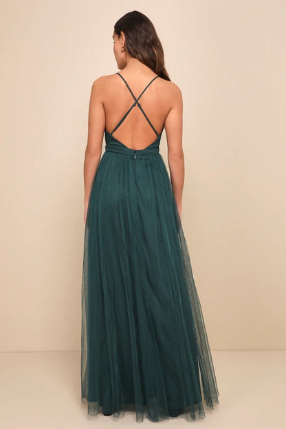 Enchanting Tulle Spaghetti Strap Evening Dresses with Plunging V-Neck, Crisscross Back and Dual High Slits Formal Gown
