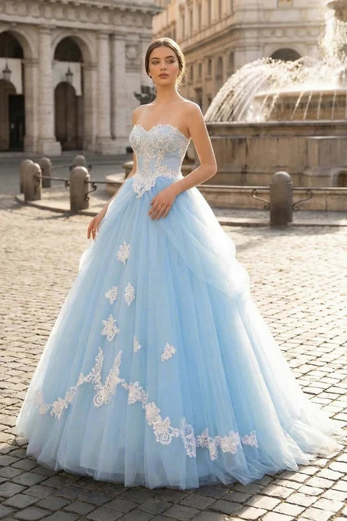 Enchanting Light Blue Ball Gown Sweetheart Strapless Lace Panel Back Floor-Length Evening Dresses