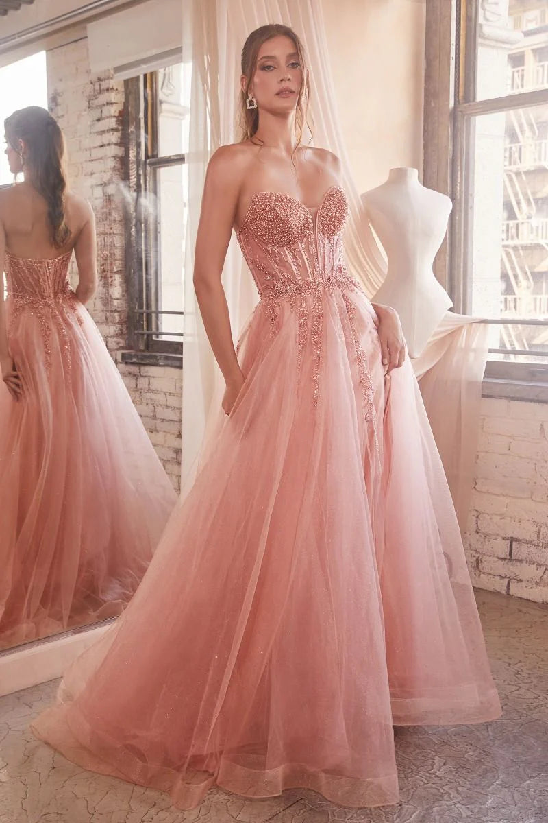 Enchanting strapless sweetheart neck tulle evening dress with beaded corset bodice, high slit and flowing train