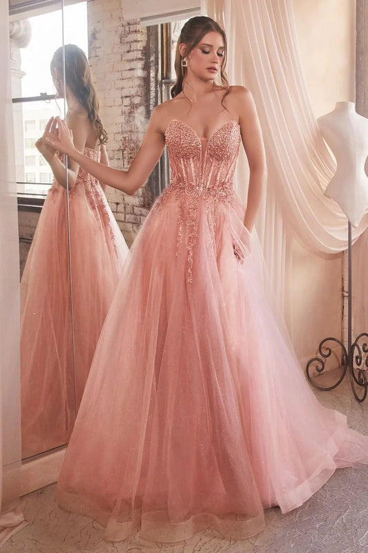 Enchanting strapless sweetheart neck tulle evening dress with beaded corset bodice, high slit and flowing train